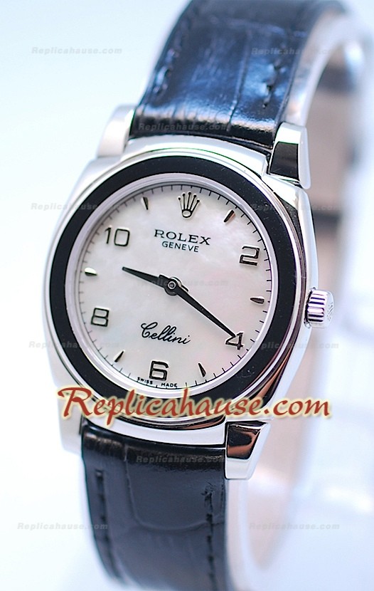 Rolex Cellini Cestello Femmes Swiss Montre Bracelet en Cuir Face Perle Blanche