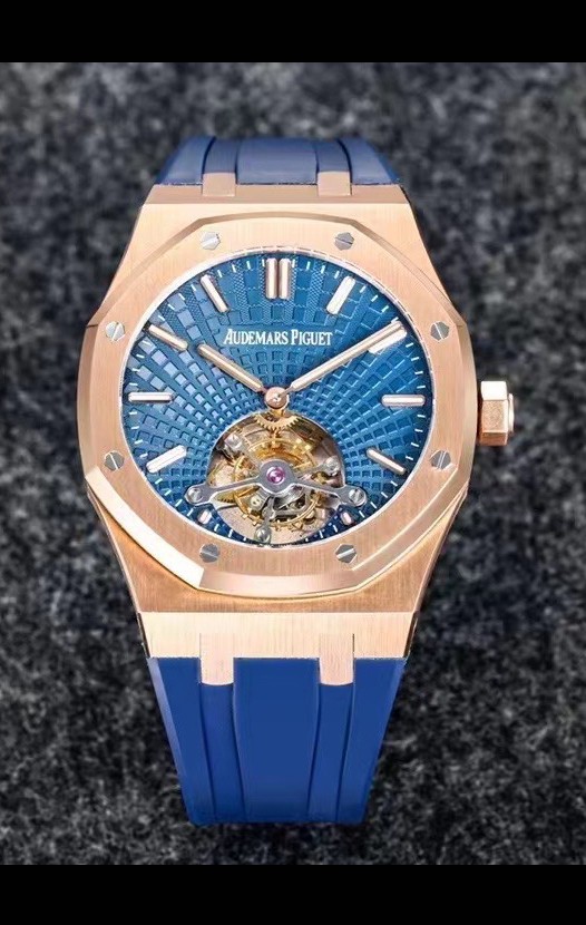 Montre Audemars Piguet Royal Oak Tourbillon 41mm Cadran bleu dans un boîtier en or rose 904L Bracelet en caoutchouc