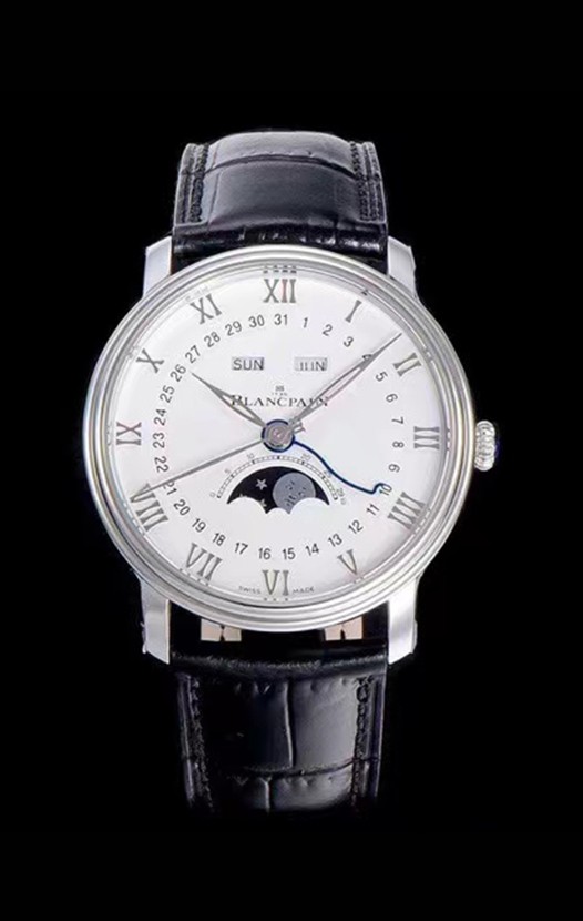 Blancpain "Villeret Quantième Complet" 904L Steel Swiss Watch in Off-White Dial