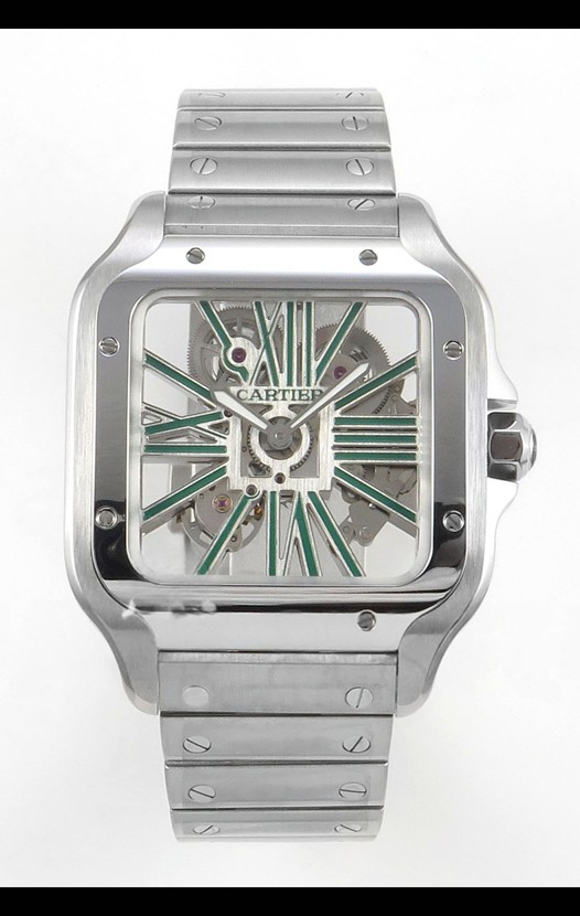 Montre Santos De Cartier Super Clone avec cadran squelette et boîtier en acier inoxydable 