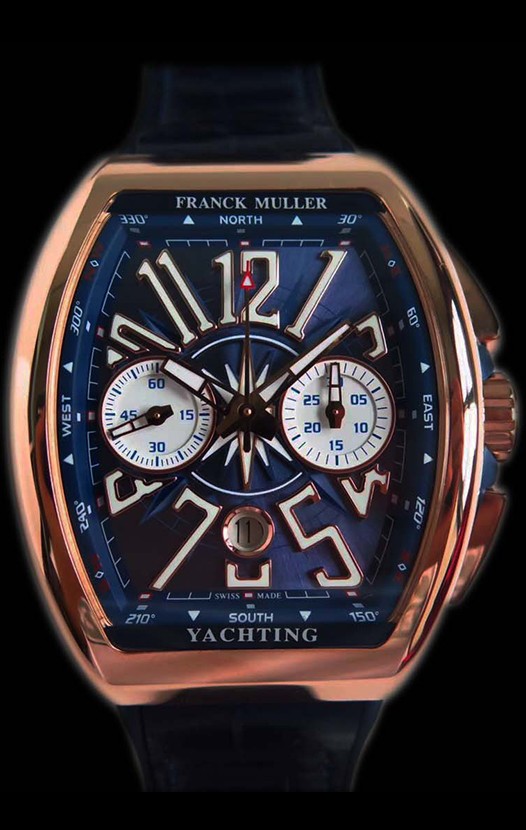 Franck Muller Vanguard montre suisse chronographe en or rose de 18 carats cadran bleu 