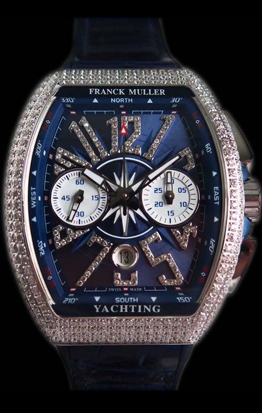 Franck Muller Vanguard montre suisse chronographe en acier 904L cadran bleu avec diamants 
