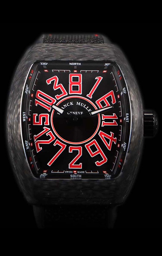 Franck Muller Vanguard montre suisse indexes rouges boîtier en carbone 