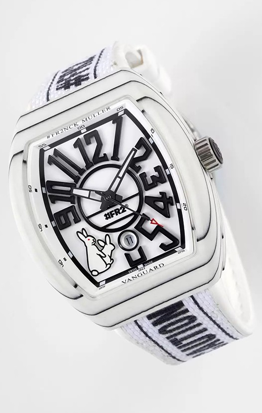 Franck Muller "Fr2nck" Vanguard Rabbit Edition Montre Suisse Réplique avec boîtier en carbone blanc 