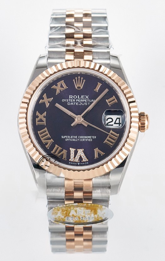 Rolex Super Clone Datejust ETA 2688 Mouvement 31MM Or Rose bicolore Suisse Cadran violet
