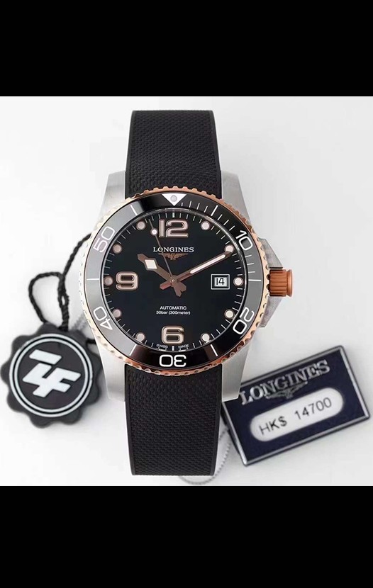 Montre Longines HydroConquest 1:1 Réplique Suisse Montre avec cadran noir, bracelet en caoutchouc et lunette en or rose