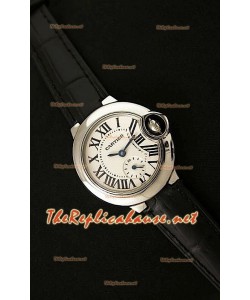 Ballon De Cartier Montre Femmes en Acier Inoxydable avec Bracelet Noir en Cuir