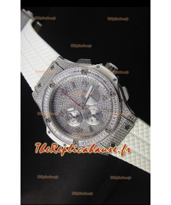 Montre Hublot Big Bang en acier inoxydable rose avec mouvement à quartz sur bracelet blanc