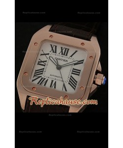 Cartier Santos 100 Swiss Replica Montre en Or rose - Cadran Blanc
