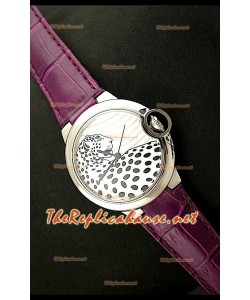 Ballon De Cartier Montre en Acier Inoxydable avec Cadran Léopard et Bracelet Violet