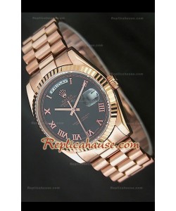 Rolex DayDate Swiss Replica Montre en Or Rose et Cadran Noir