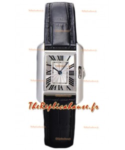 Montre Cartier Tank Anglaise en acier inoxydable, bracelet cuir noir Montre suisse à quartz 30 mm