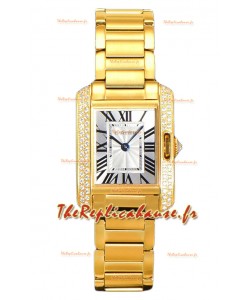 Cartier Tank Anglaise Montre en or jaune sur bracelet acier lunette diamants Montre suisse à quartz 30MM