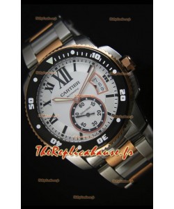 Calibre De Cartier 42mm, Cadran Noir-Boîtier deux Tons-Cadran Blanc-Montre Réplique Miroir 1:1