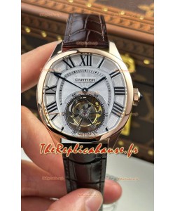 Drive De Cartier Tourbillon Réplique Montre suisse Super Clone en or rose avec cadran blanc 