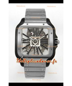 Montre Santos De Cartier super clone avec cadran squelette et boîtier en acier brossé revêtement DLC