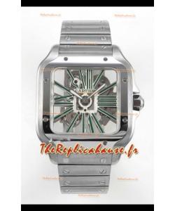 Montre Santos De Cartier Super Clone avec cadran squelette et boîtier en acier inoxydable 
