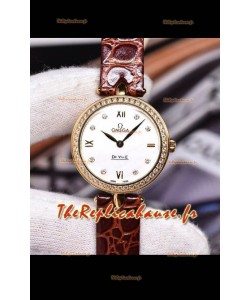 Omega De Ville Prestige - Montre suisse à quartz, édition Dewdrop, bracelet marron en or rose