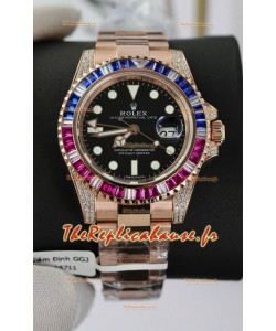 Montre Rolex GMT Master Super Clone sertie de diamants, boîtier en or rose 904L - Qualité miroir 1:1