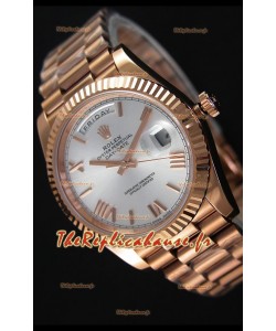 Rolex Day-Date 40MM Montre Suisse en Or Rose et Cadran Argent Chiffres romains