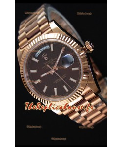 Rolex Day-Date 40MM Or Rose avec Cadran texturé Brun Marqueurs de bâton