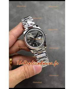 Rolex Day Date Super Clone en acier inoxydable Cadran gris Chiffres en diamants 36MM - Montre réplique 1:1