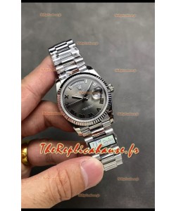 Rolex Day Date Super Clone en acier inoxydable cadran gris chiffres romains 36MM - 1:1 qualité miroir
