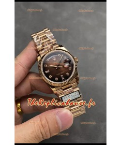 Rolex Day Date Super Clone Or Rose Cadran marron Chiffres Diamants 36MM - Montre réplique 1:1