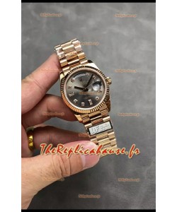 Rolex Day Date Super Clone Or Rose Cadran Gris Chiffres Diamants 36MM - Montre réplique 1:1