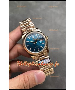Rolex Day Date Super Clone Or Rose Cadran Bleu Cristal Chiffres 36MM - Montre réplique 1:1