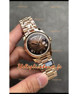Rolex Day Date Super Clone Or Rose Cadran Marron Chiffres Romains 36MM - Montre réplique 1:1