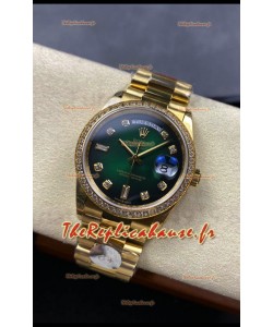 Rolex Day Date Super Clone Or Jaune Cadran Vert Chiffres Diamants 36MM - Montre réplique 1:1
