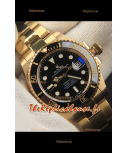 Réplique japonaise de la montre Rolex Submariner en acier 904L plaqué or jaune - Lunette en céramique noire