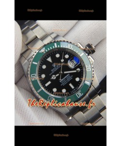 Réplique japonaise de la montre Rolex Submariner en acier 904L, cadran noir et lunette en céramique verte.