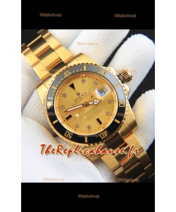 Réplique japonaise de la montre Rolex Submariner, boîtier en or jaune et lunette noire.