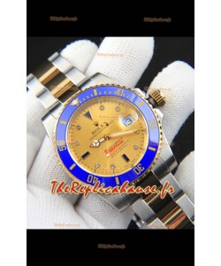 Réplique japonaise de la montre Rolex Submariner, boîtier bicolore en or jaune et cadran en or.