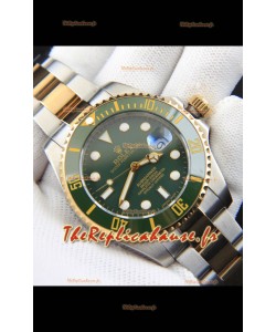 Réplique japonaise de la montre Rolex Submariner, boîtier bicolore en or jaune et cadran vert.