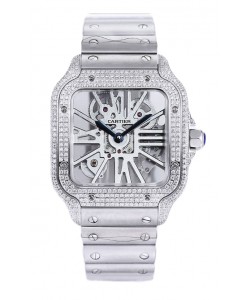 Montre Santos De Cartier en cadran squelette - lunette diamants, boîtier et bracelet acier Réplique Suisse