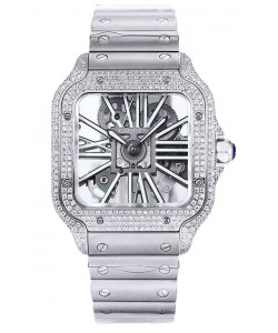Montre Santos de Cartier en cadran squelette - lunette diamants sur boîtier acier Réplique Suisse