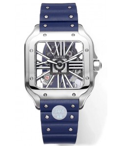 Montre Santos de Cartier avec cadran squelette - Boîtier en acier inoxydable - Bracelet en caoutchouc bleu