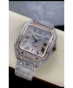Cartier "Santos De Cartier" 904L Acier Diamants Cadran Romain Réplique miroir 1:1 - 40MM - Diamants Authentiques