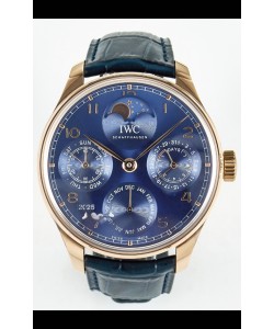 IWC Super Clone Portuguese Calendrier perpétuel en or rose Cadran bleu Réplique de montre 