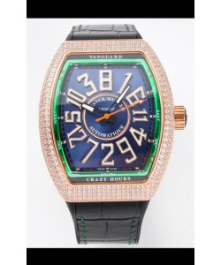 Franck Muller Vanguard Crazy Hours en or rose diamants - acier cadran bleu Réplique Suisse 