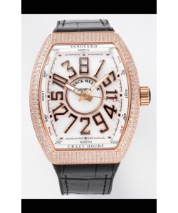 Franck Muller Vanguard Crazy Hours Or Rose Diamants - Cadran Blanc Réplique Suisse 