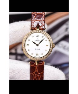 Omega De Ville Prestige - Montre suisse à quartz, édition Dewdrop, bracelet marron en or rose