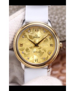 Omega De Ville cadran floral Mouvement à quartz suisse dans un boîtier bicolore - cadran doré