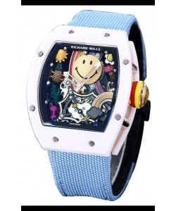 Richard Mille RM088 Smiley Tourbillon Boîtier Céramique Blanc Bracelet Nylon Bleu Réplique Montre 
