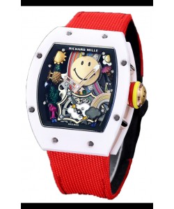 Richard Mille RM088 Smiley Tourbillon Boîtier Céramique Blanc Bracelet Nylon Rouge Réplique 
