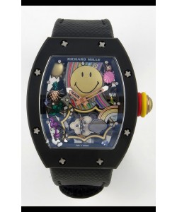 Montre Richard Mille Super Clone RM088 Smiley Tourbillon en céramique noire avec bracelet velcro