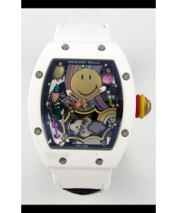 Montre Richard Mille Super Clone RM088 Smiley Tourbillon en céramique blanche avec bracelet velcro